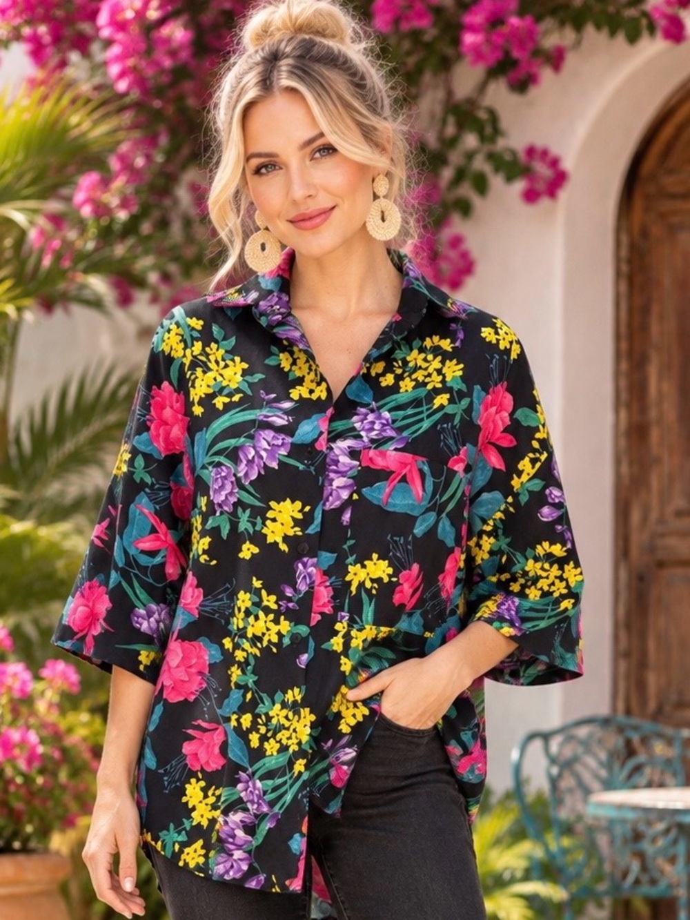 Connections Black Tropical Floral Button Front Shirt Approx. L/XL Resort Top